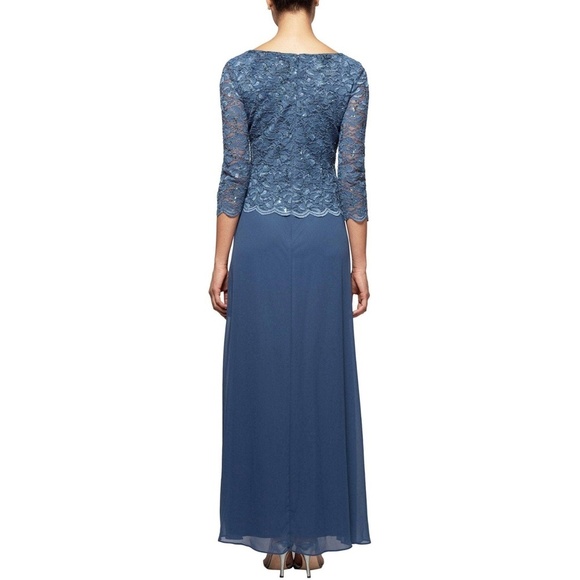 Alex Evenings Mock Two-Piece Sequin Chiffon Gown Lace Dress Wedgewood Sz. 6P - Picture 5 of 5